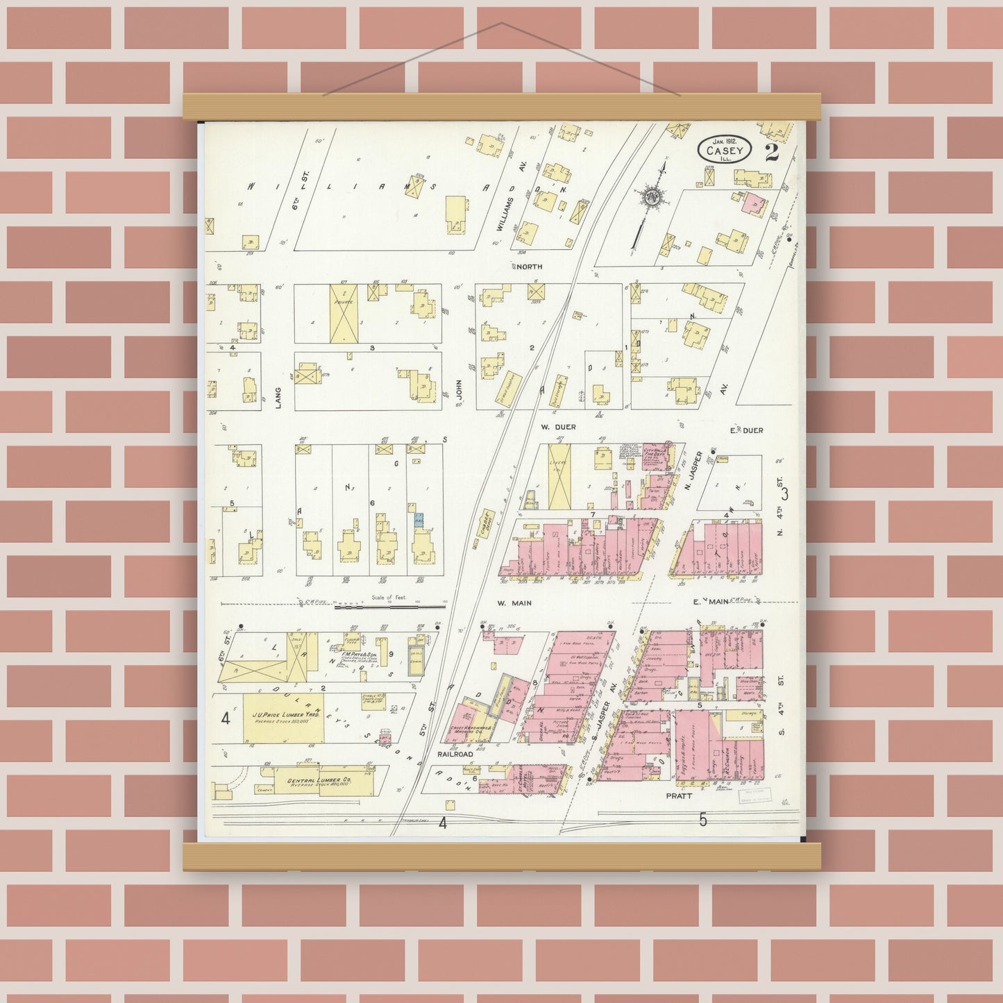 Old map wall art mockup — magnetic wood frame on brick wall — Sanborn Fire Insurance Map from Casey, Clark County, Illinois (1912), Sheet #0002
