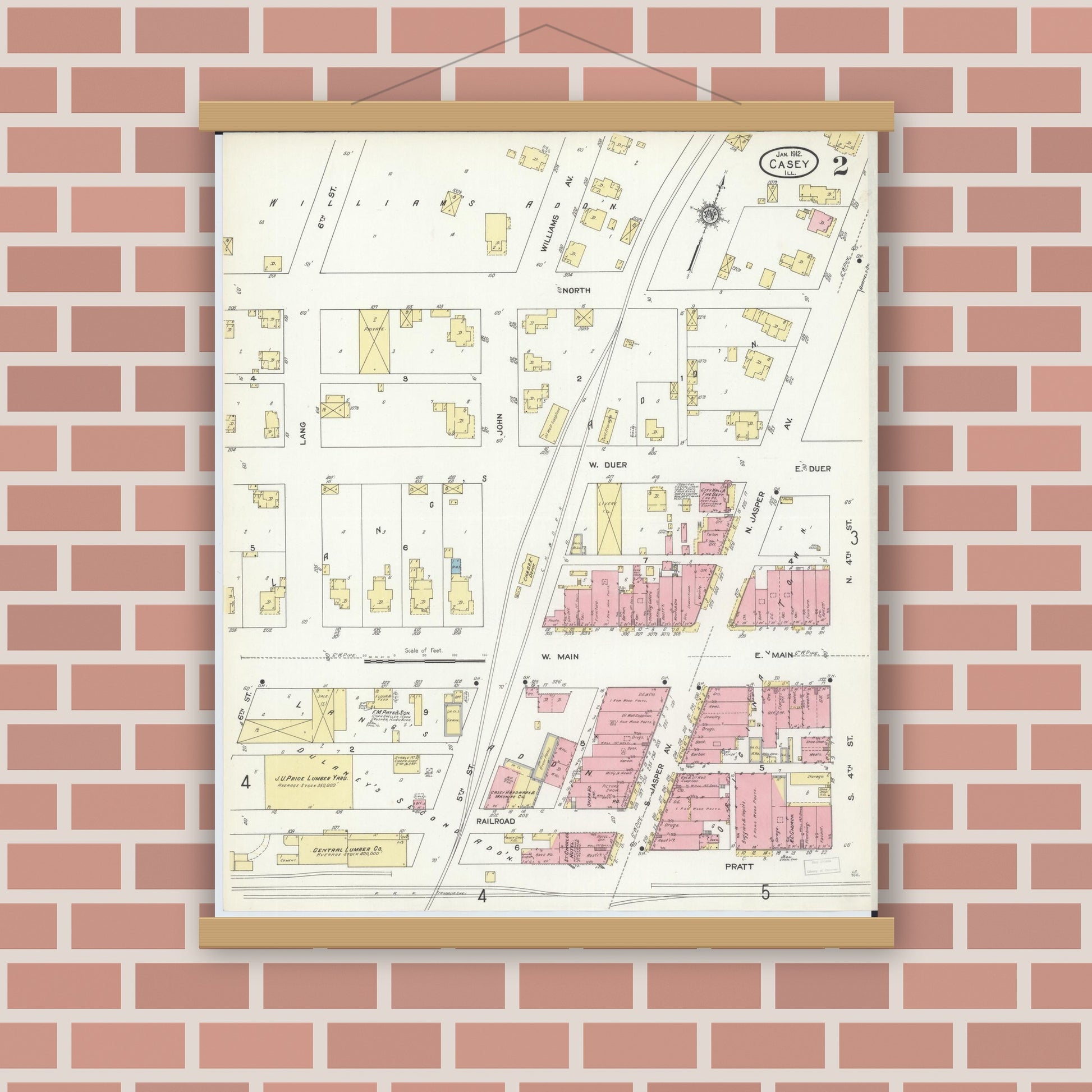 Old map wall art mockup — magnetic wood frame on brick wall — Sanborn Fire Insurance Map from Casey, Clark County, Illinois (1912), Sheet #0002