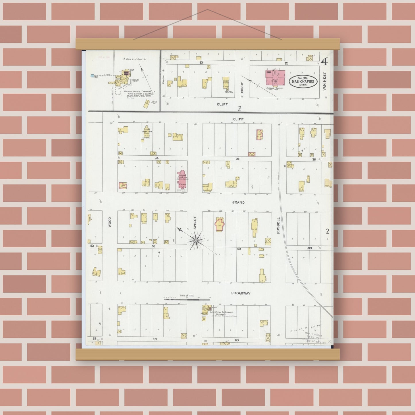 Old map wall art mockup — magnetic wood frame on brick wall — Sanborn Fire Insurance Map from Sauk Rapids, Benton County, Minnesota (1904), Sheet #0004