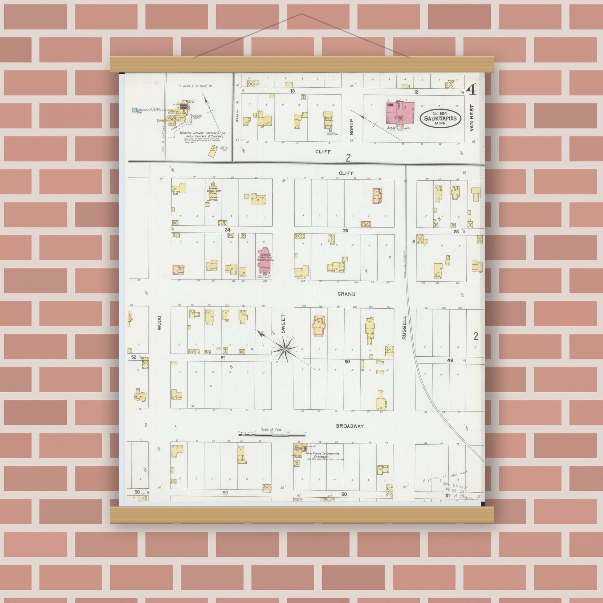 Old map wall art mockup — magnetic wood frame on brick wall — Sanborn Fire Insurance Map from Sauk Rapids, Benton County, Minnesota (1904), Sheet #0004