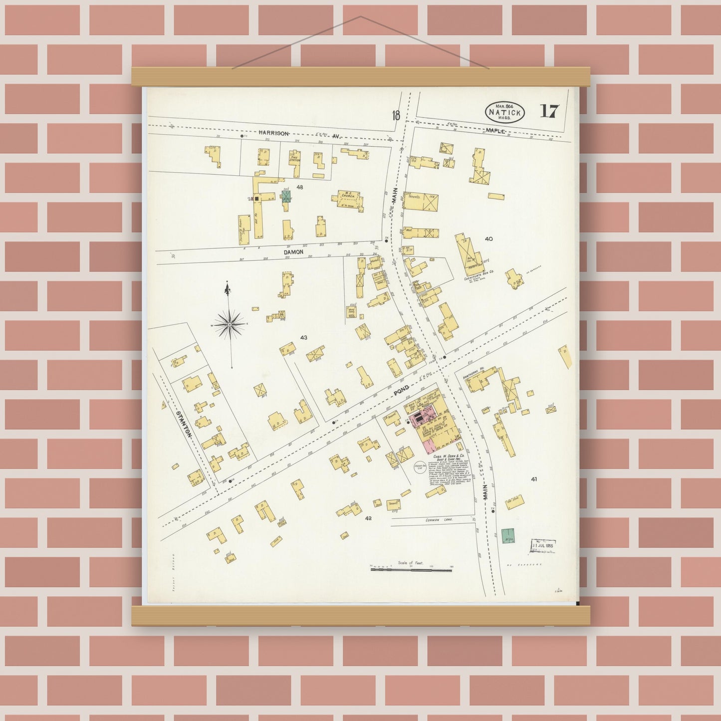 Old map wall art mockup — magnetic wood frame on brick wall — Sanborn Fire Insurance Map from Natick, Middlesex County, Massachusetts (1904), Sheet #0017