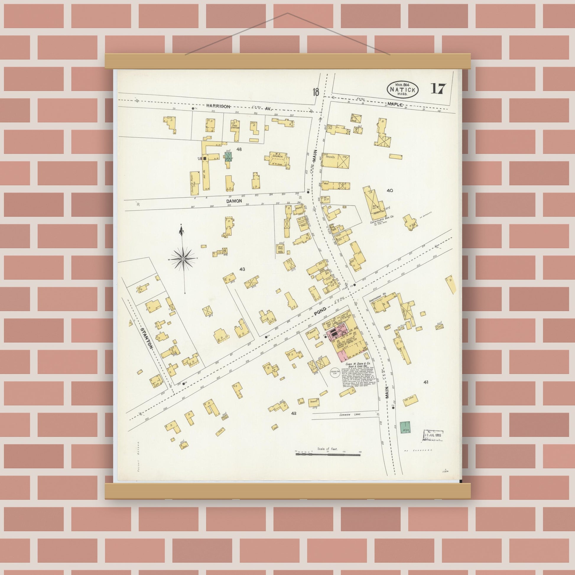 Old map wall art mockup — magnetic wood frame on brick wall — Sanborn Fire Insurance Map from Natick, Middlesex County, Massachusetts (1904), Sheet #0017