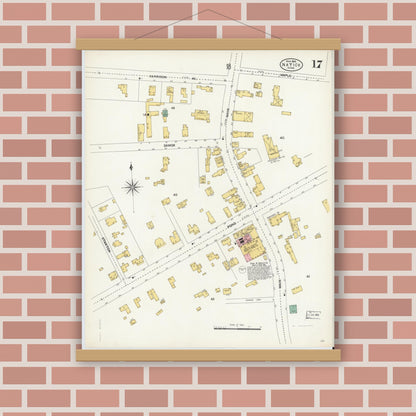Old map wall art mockup — magnetic wood frame on brick wall — Sanborn Fire Insurance Map from Natick, Middlesex County, Massachusetts (1904), Sheet #0017