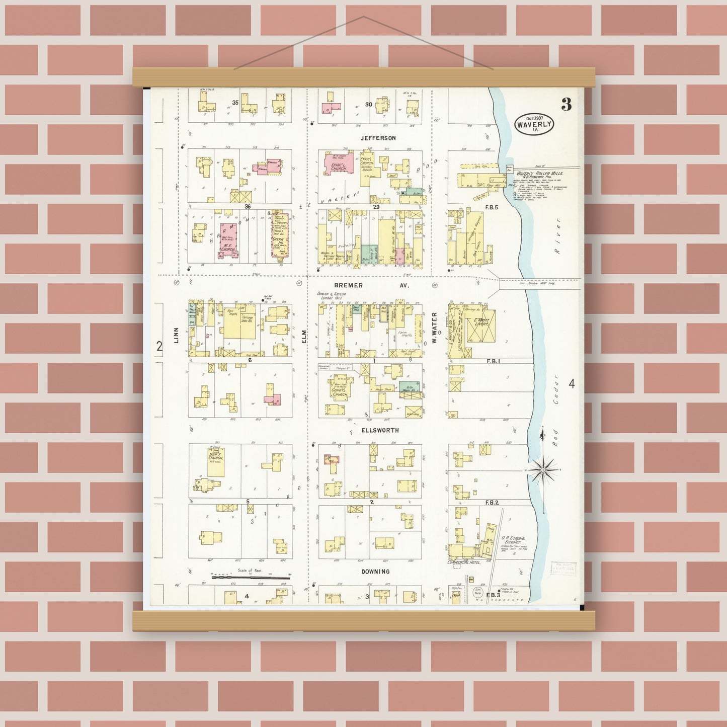 Old map wall art mockup — magnetic wood frame on brick wall — Sanborn Fire Insurance Map from Waverly, Bremer County, Iowa (1897), Sheet #0003