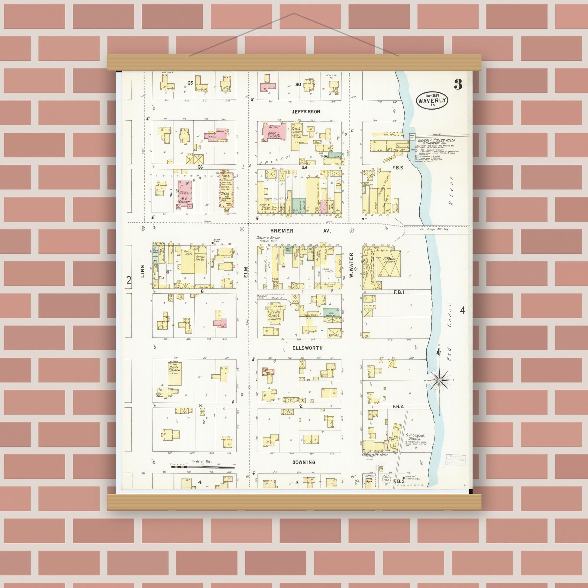 Old map wall art mockup — magnetic wood frame on brick wall — Sanborn Fire Insurance Map from Waverly, Bremer County, Iowa (1897), Sheet #0003
