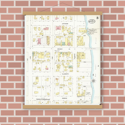 Old map wall art mockup — magnetic wood frame on brick wall — Sanborn Fire Insurance Map from Waverly, Bremer County, Iowa (1897), Sheet #0003