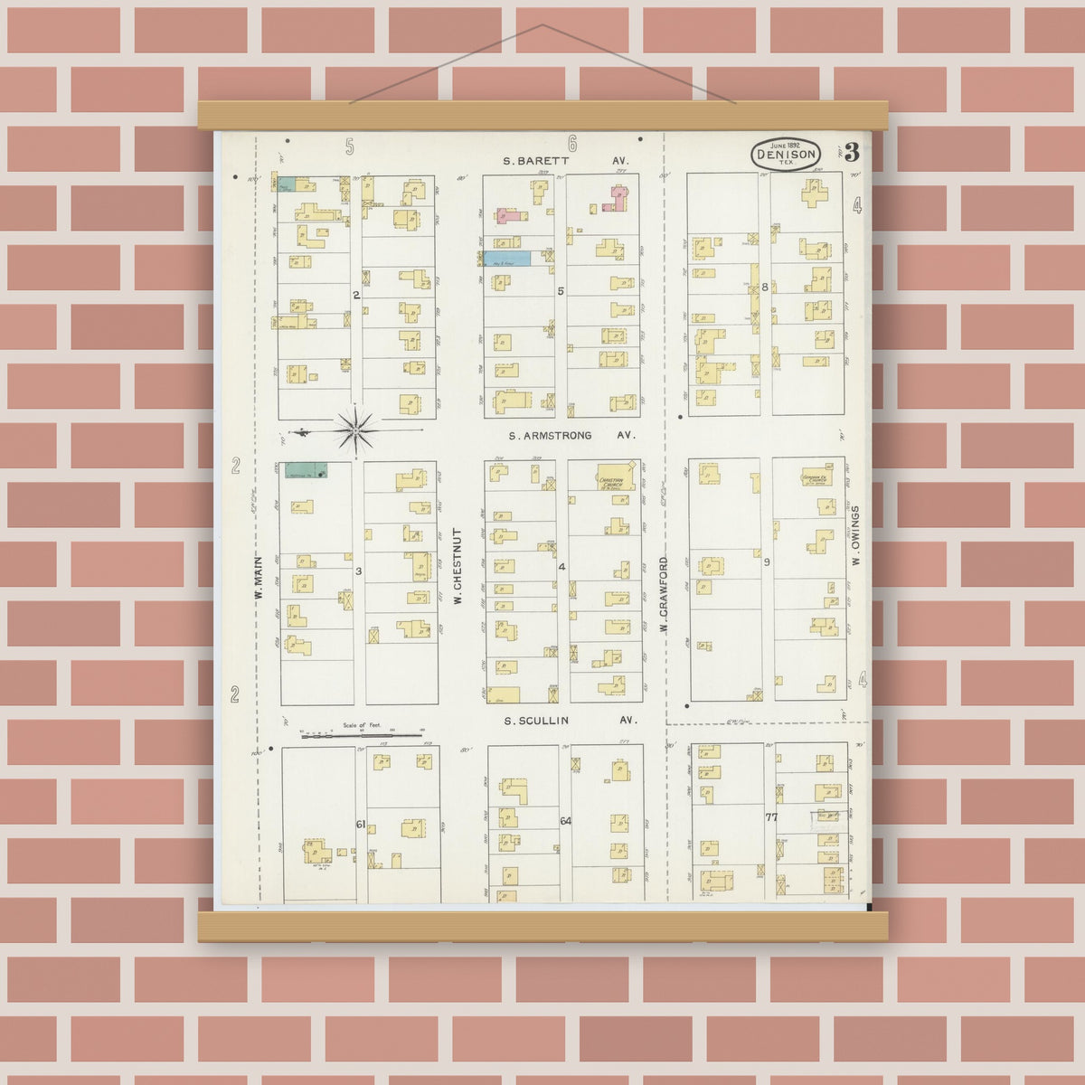 Old map wall art mockup — magnetic wood frame on brick wall — Sanborn Fire Insurance Map from Denison, Grayson County, Texas (1892), Sheet #0003