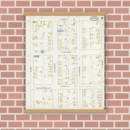 Old map wall art mockup — magnetic wood frame on brick wall — Sanborn Fire Insurance Map from Denison, Grayson County, Texas (1892), Sheet #0003