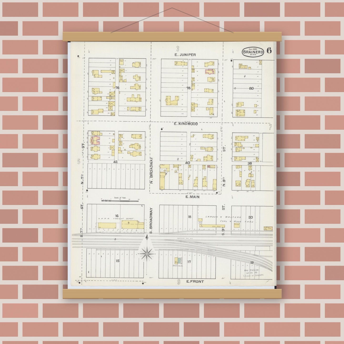 Old map wall art mockup — magnetic wood frame on brick wall — Sanborn Fire Insurance Map from Brainerd, Crow Wing County, Minnesota (1892), Sheet #0006