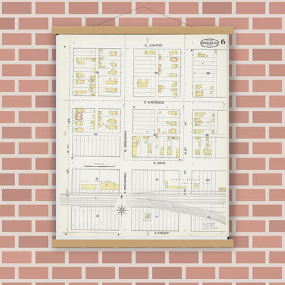 Old map wall art mockup — magnetic wood frame on brick wall — Sanborn Fire Insurance Map from Brainerd, Crow Wing County, Minnesota (1892), Sheet #0006
