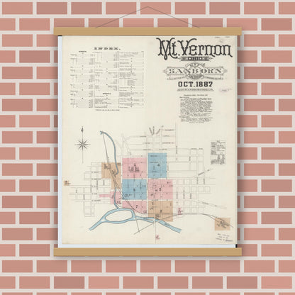 Old map wall art mockup — magnetic wood frame on brick wall — Sanborn Fire Insurance Map from Mount Vernon, Knox County, Ohio (1887), Sheet #0001