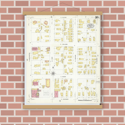 Old map wall art mockup — magnetic wood frame on brick wall — Sanborn Fire Insurance Map from Owosso, Shiawassee County, Michigan (1908), Sheet #0010