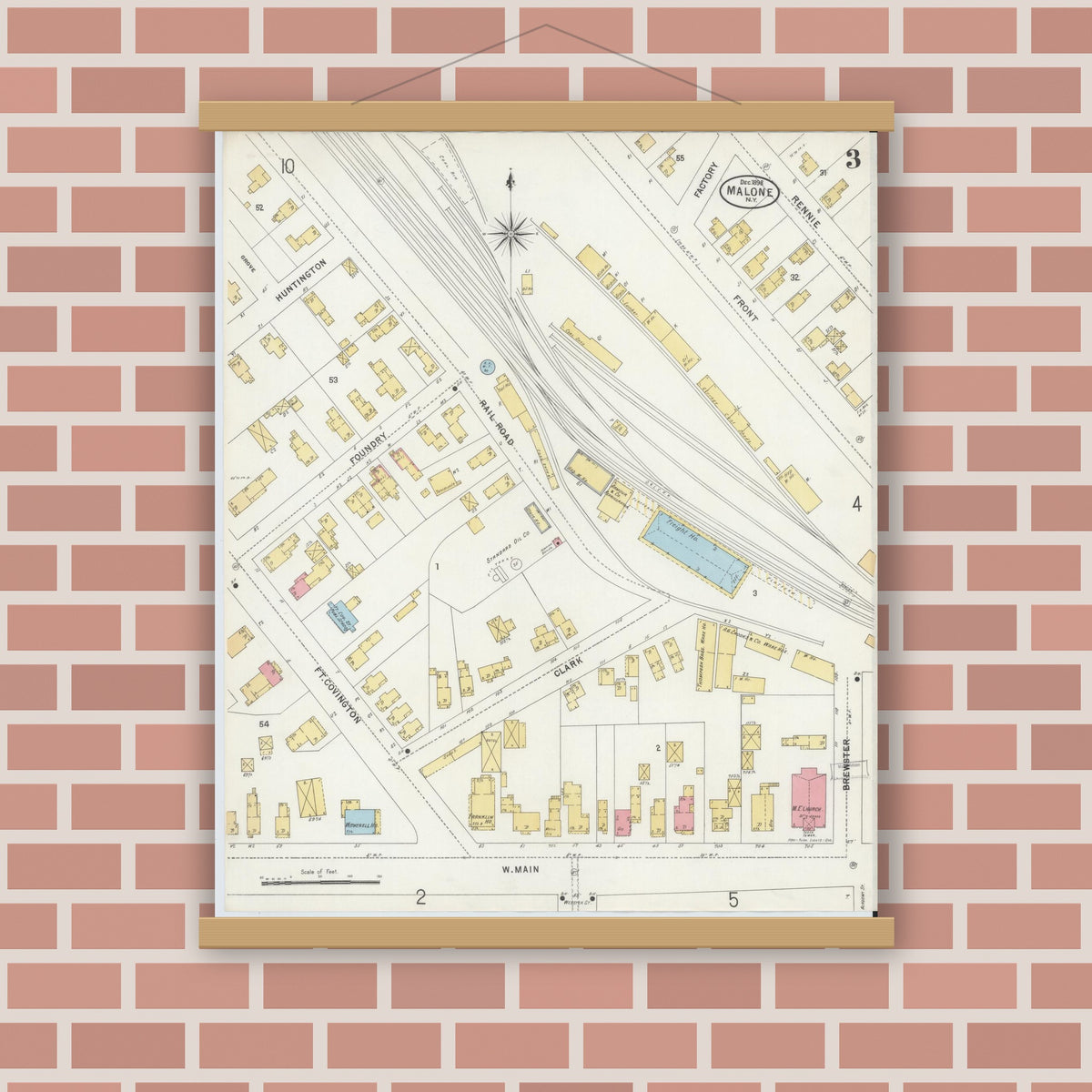 Old map wall art mockup — magnetic wood frame on brick wall — Sanborn Fire Insurance Map from Malone, Franklin County, New York (1898), Sheet #0003