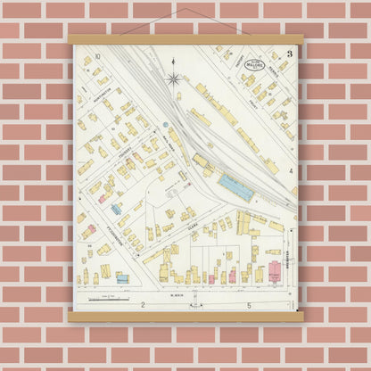 Old map wall art mockup — magnetic wood frame on brick wall — Sanborn Fire Insurance Map from Malone, Franklin County, New York (1898), Sheet #0003