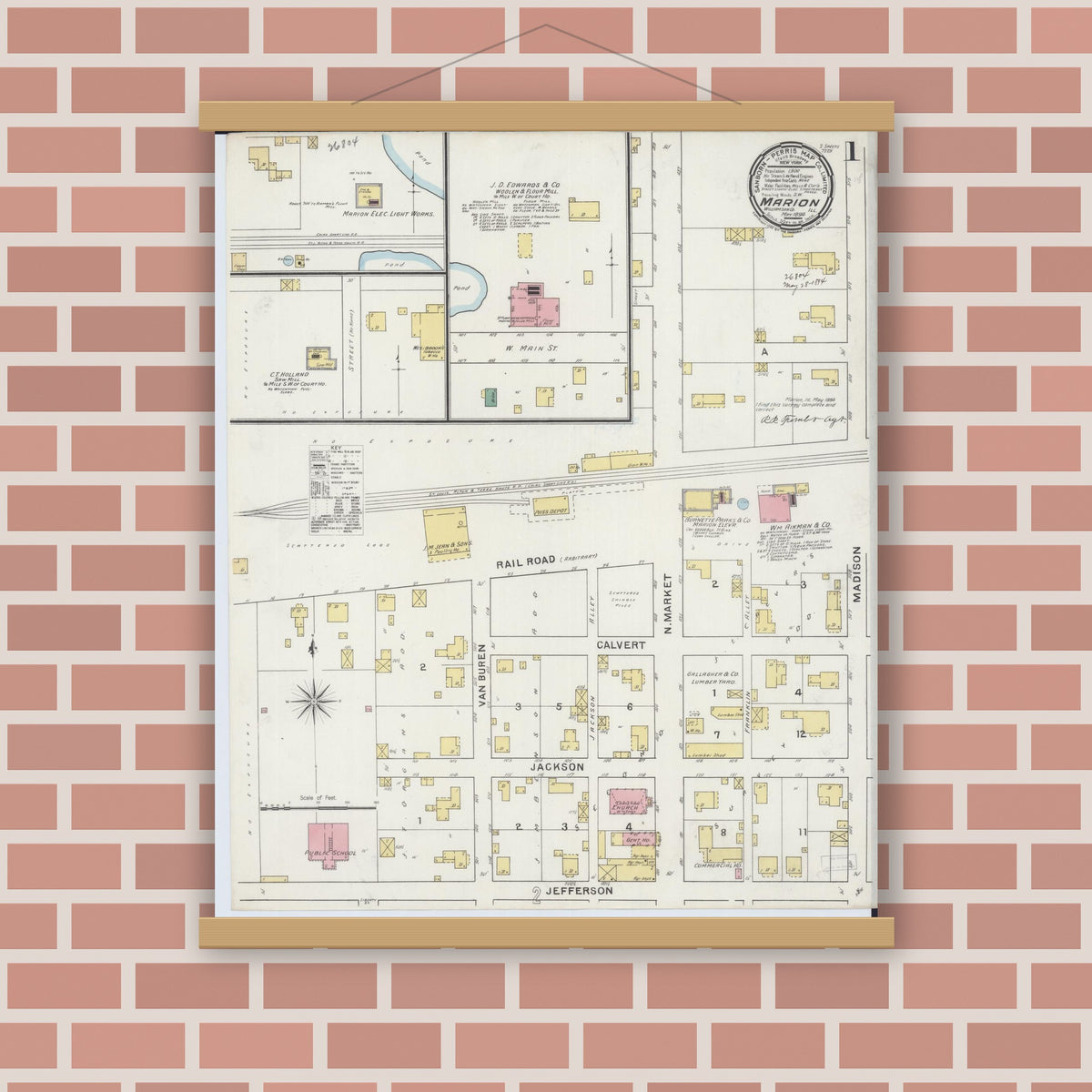 Old map wall art mockup — magnetic wood frame on brick wall — Sanborn Fire Insurance Map from Marion, Williamson County, Illinois (1894) - Complete Map Set