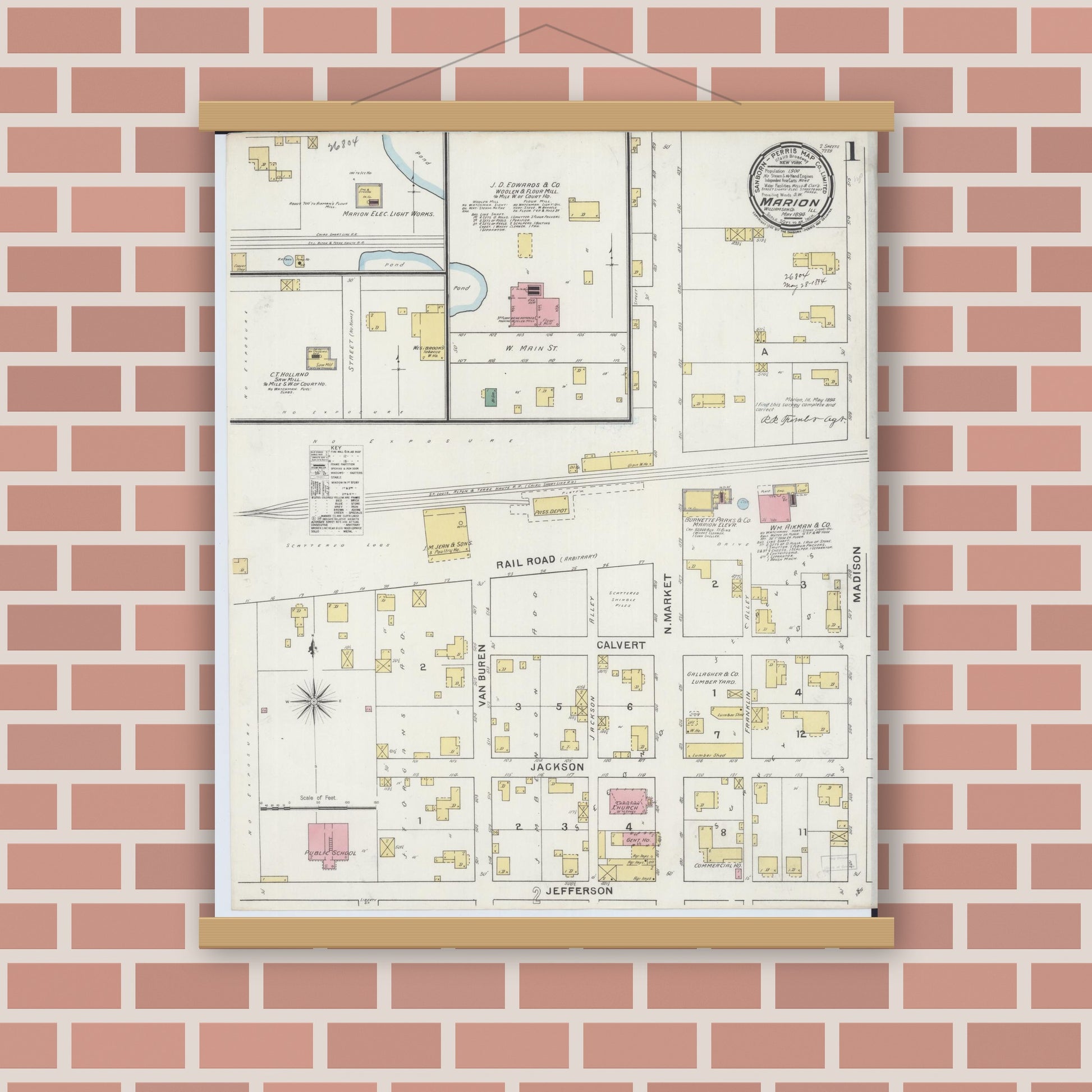 Old map wall art mockup — magnetic wood frame on brick wall — Sanborn Fire Insurance Map from Marion, Williamson County, Illinois (1894) - Complete Map Set
