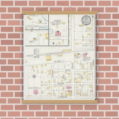 Old map wall art mockup — magnetic wood frame on brick wall — Sanborn Fire Insurance Map from Marion, Williamson County, Illinois (1894) - Complete Map Set