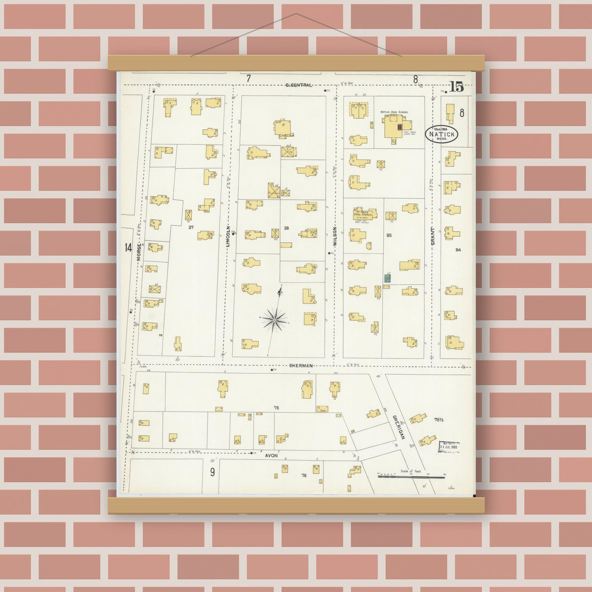 Old map wall art mockup — magnetic wood frame on brick wall — Sanborn Fire Insurance Map from Natick, Middlesex County, Massachusetts (1904), Sheet #0015