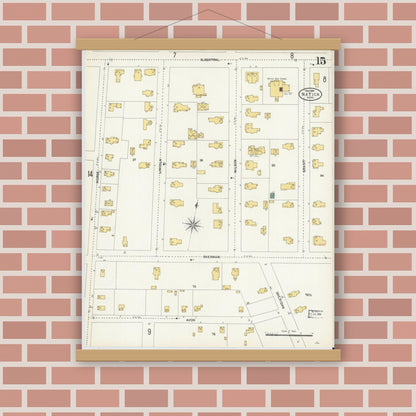 Old map wall art mockup — magnetic wood frame on brick wall — Sanborn Fire Insurance Map from Natick, Middlesex County, Massachusetts (1904), Sheet #0015