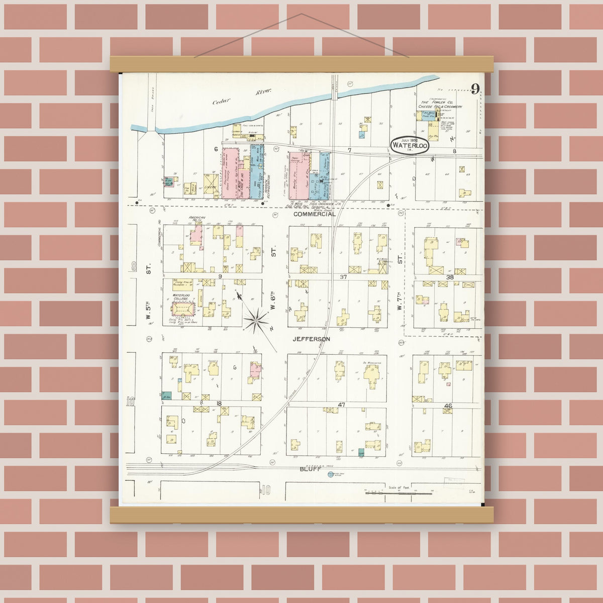 Old map wall art mockup — magnetic wood frame on brick wall — Sanborn Fire Insurance Map from Waterloo, Black Hawk County, Iowa (1892), Sheet #0009