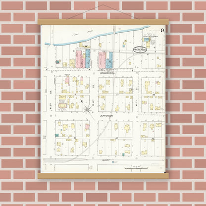 Old map wall art mockup — magnetic wood frame on brick wall — Sanborn Fire Insurance Map from Waterloo, Black Hawk County, Iowa (1892), Sheet #0009