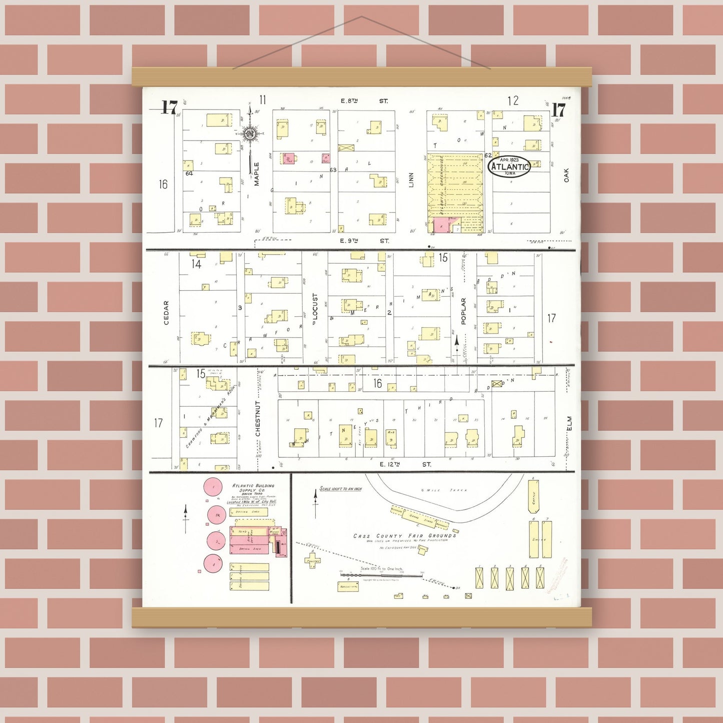 Old map wall art mockup — magnetic wood frame on brick wall — Sanborn Fire Insurance Map from Atlantic, Cass County, Iowa (1923), Sheet #0017
