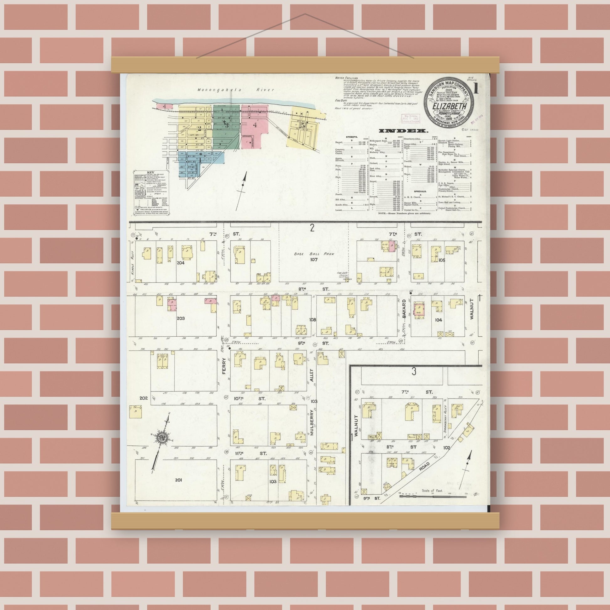 Old map wall art mockup — magnetic wood frame on brick wall — Sanborn Fire Insurance Map from Elizabeth, Allegheny County, Pennsylvania (1910) - Complete Map Set