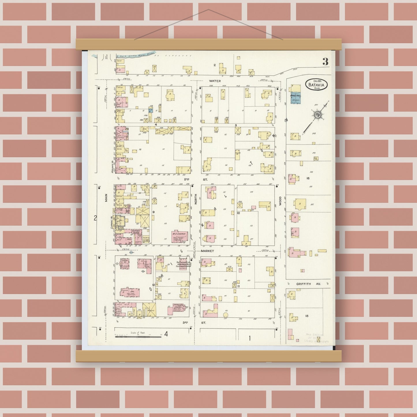 Old map wall art mockup — magnetic wood frame on brick wall — Sanborn Fire Insurance Map from Batavia, Clermont County, Ohio (1911), Sheet #0003