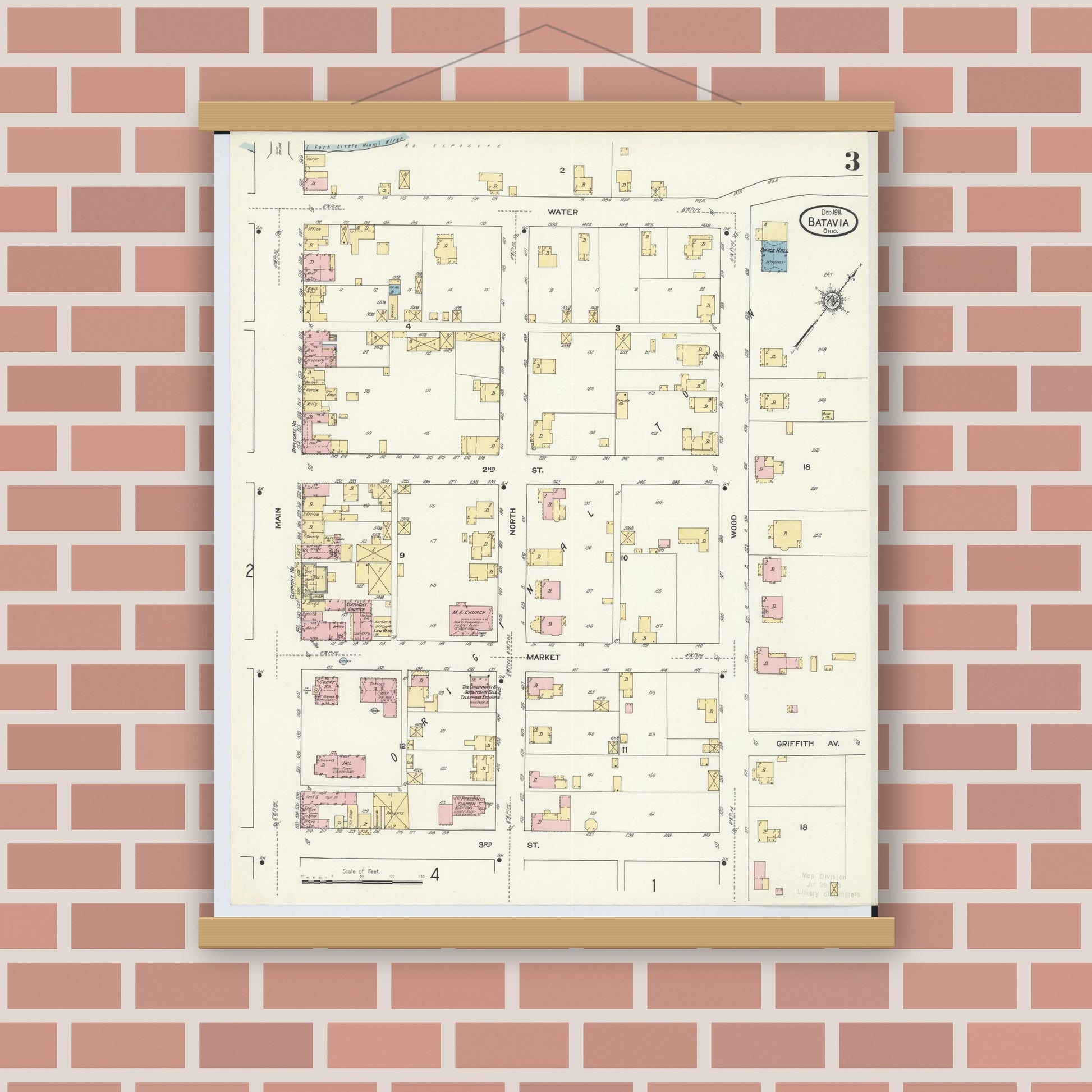 Old map wall art mockup — magnetic wood frame on brick wall — Sanborn Fire Insurance Map from Batavia, Clermont County, Ohio (1911), Sheet #0003