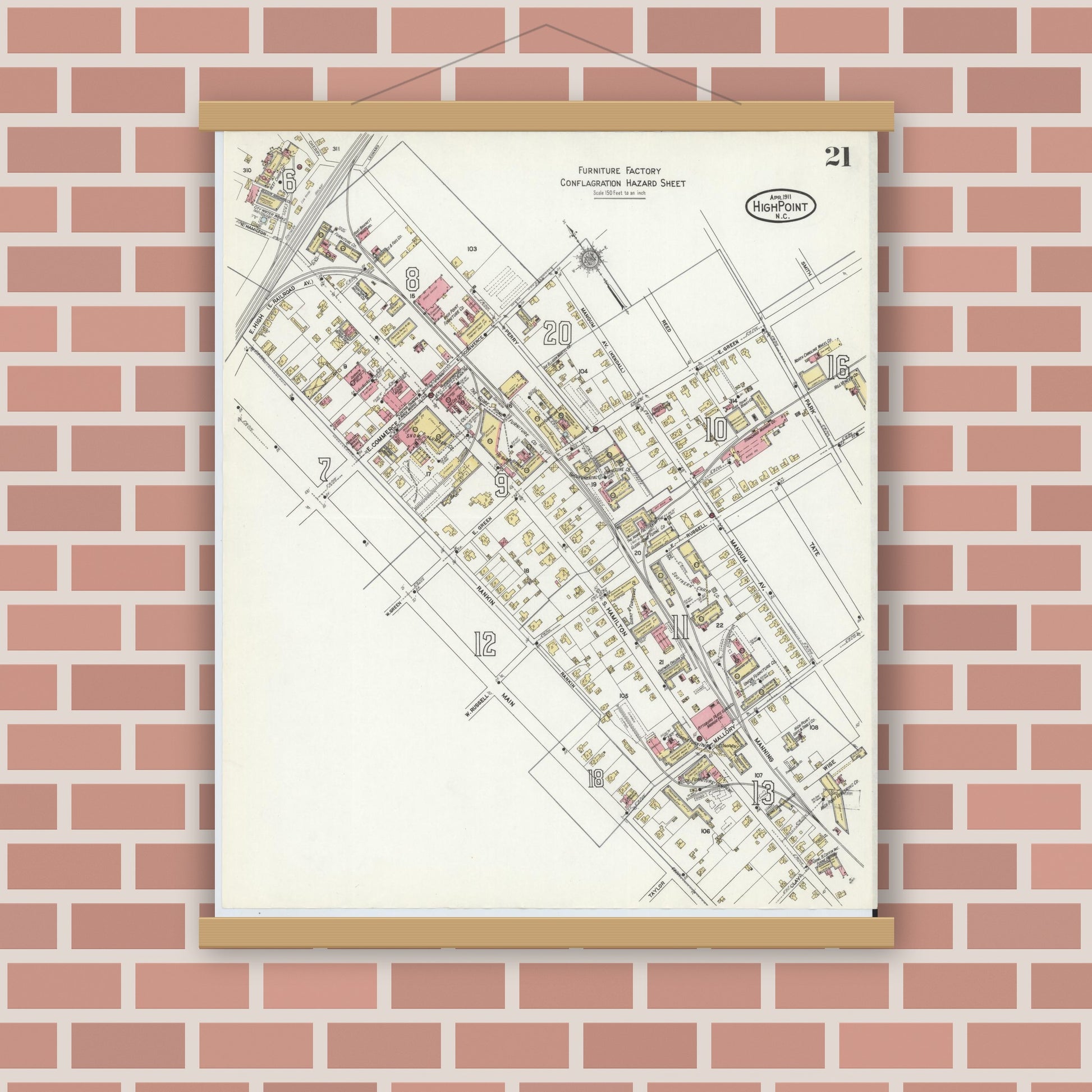 Old map wall art mockup — magnetic wood frame on brick wall — Sanborn Fire Insurance Map from High Point, Guilford County, North Carolina (1911), Sheet #0021
