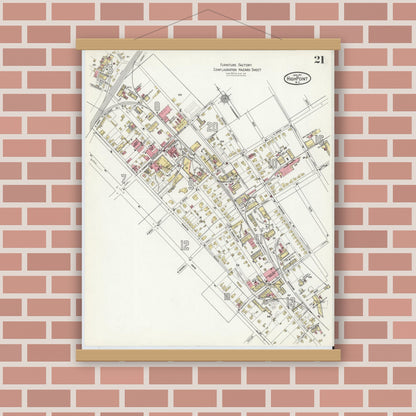 Old map wall art mockup — magnetic wood frame on brick wall — Sanborn Fire Insurance Map from High Point, Guilford County, North Carolina (1911), Sheet #0021