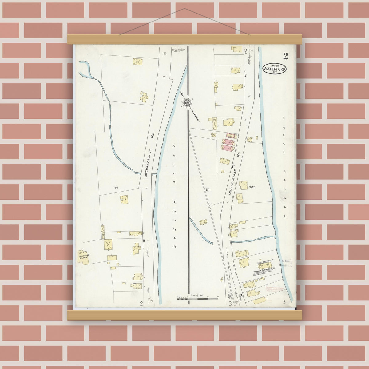 Old map wall art mockup — magnetic wood frame on brick wall — Sanborn Fire Insurance Map from Waterford, Saratoga County, New York (1914), Sheet #0002