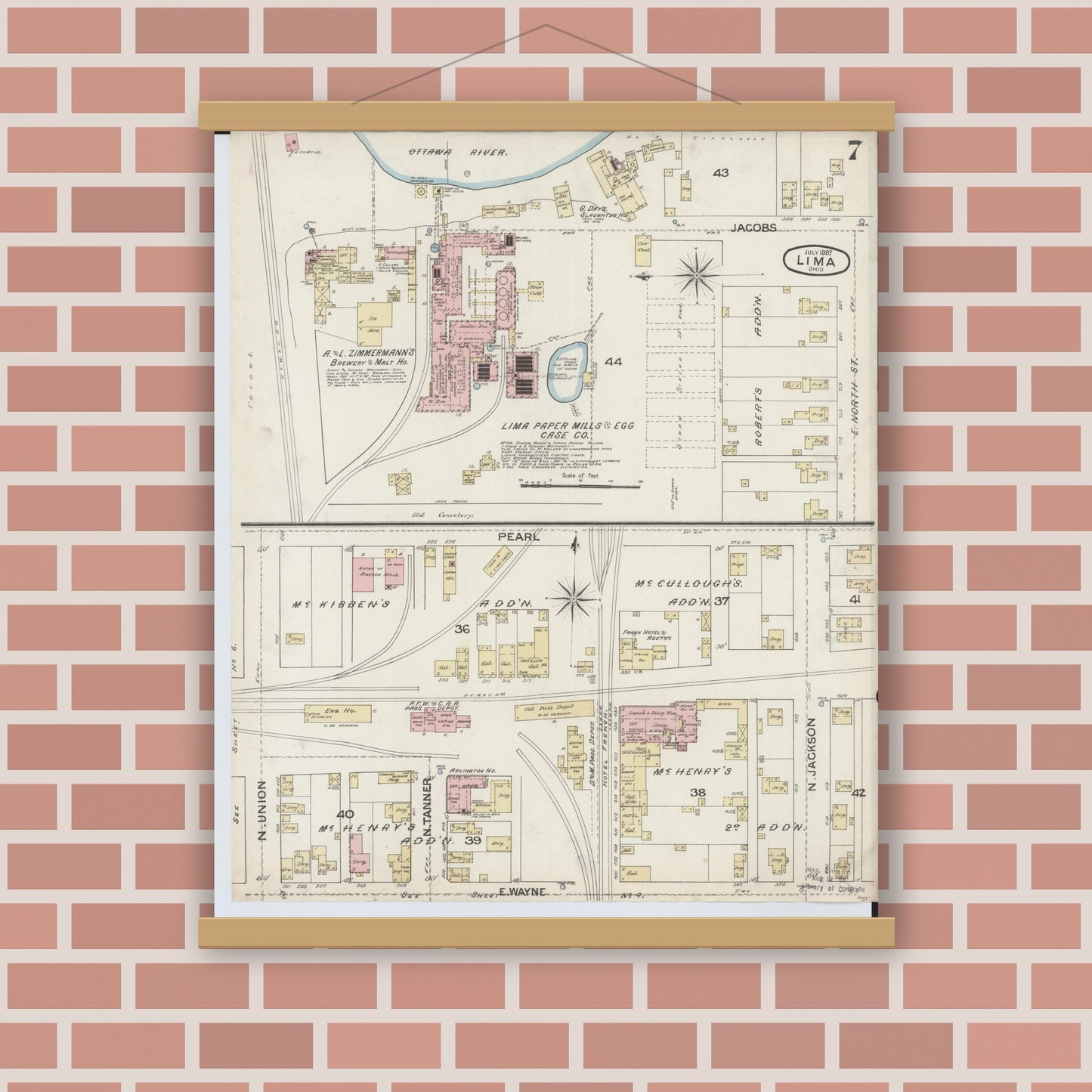 Old map wall art mockup — magnetic wood frame on brick wall — Sanborn Fire Insurance Map from Lima, Allen County, Ohio (1887), Sheet #0007