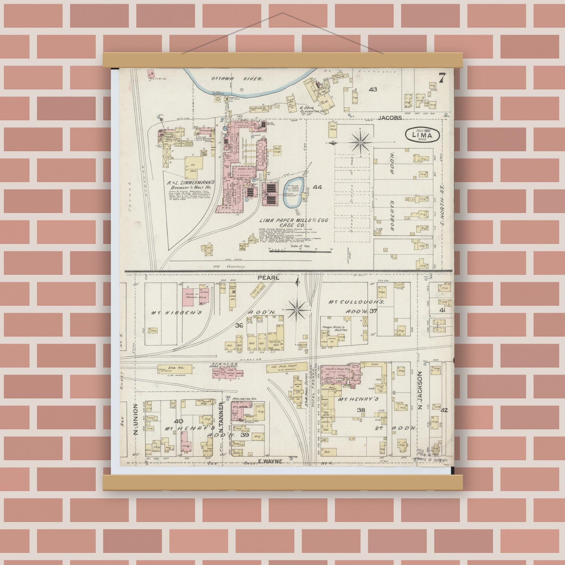 Old map wall art mockup — magnetic wood frame on brick wall — Sanborn Fire Insurance Map from Lima, Allen County, Ohio (1887), Sheet #0007