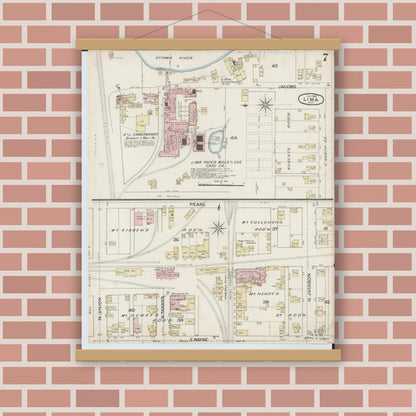 Old map wall art mockup — magnetic wood frame on brick wall — Sanborn Fire Insurance Map from Lima, Allen County, Ohio (1887), Sheet #0007