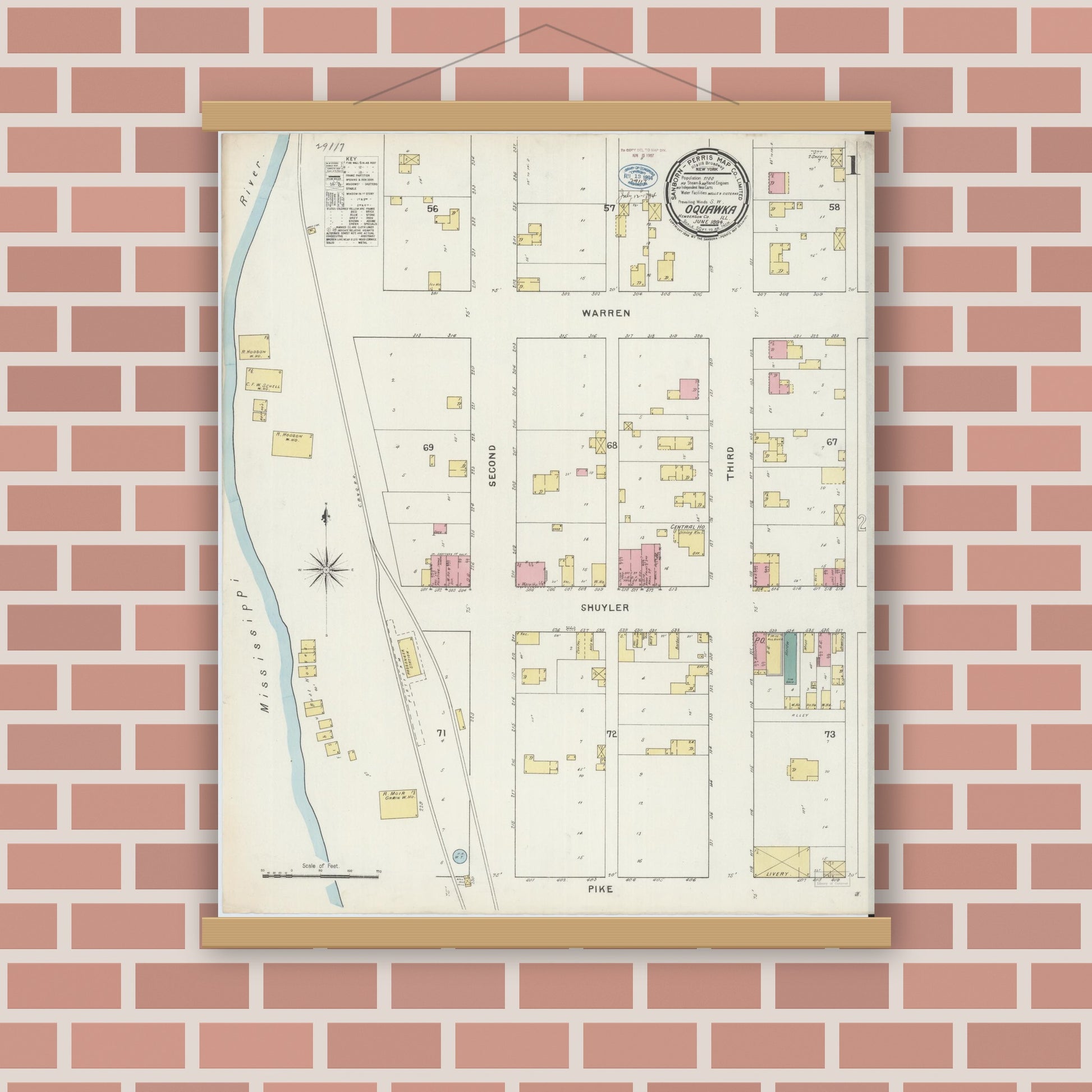 Old map wall art mockup — magnetic wood frame on brick wall — Sanborn Fire Insurance Map from Oquawka, Henderson County, Illinois (1894) - Complete Map Set