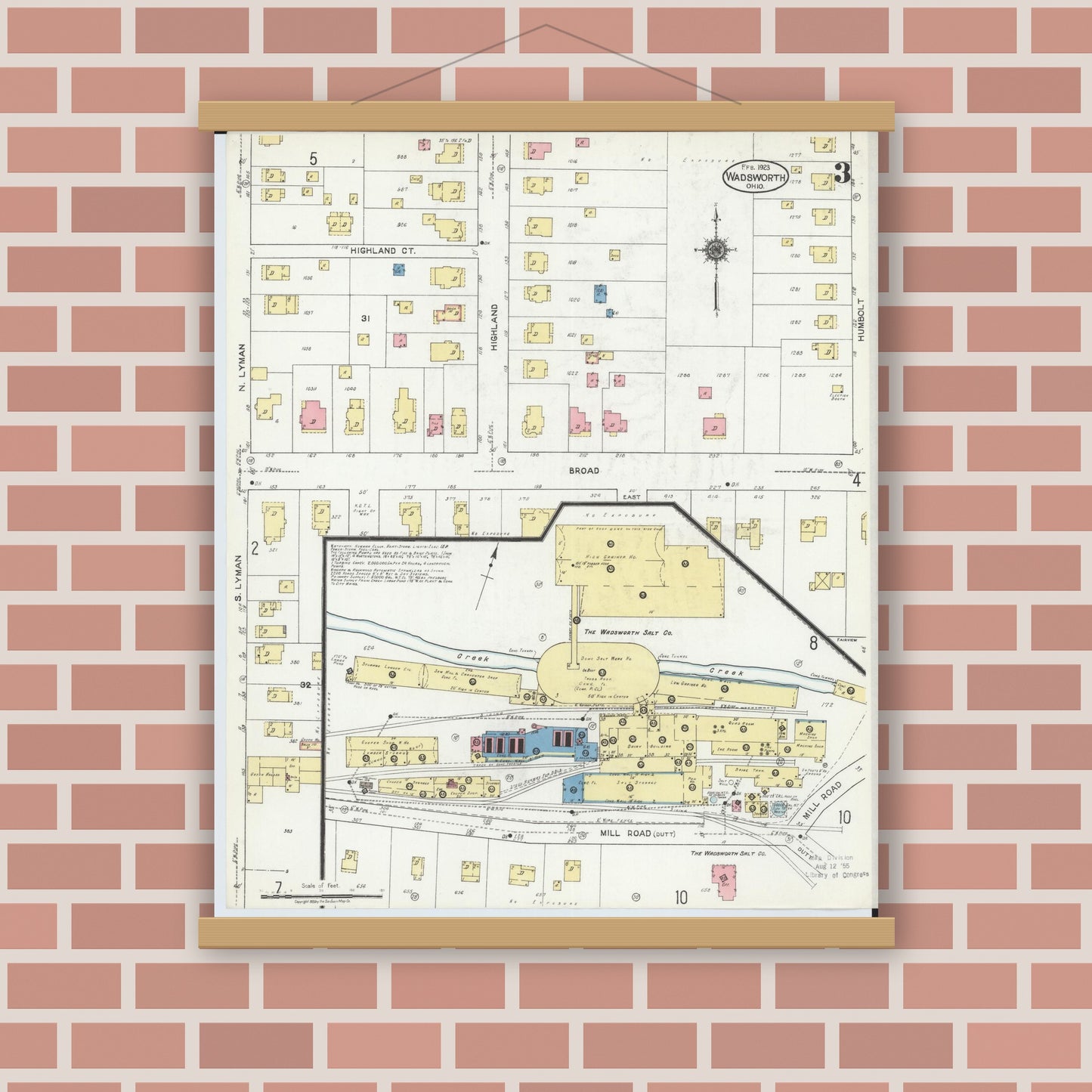 Old map wall art mockup — magnetic wood frame on brick wall — Sanborn Fire Insurance Map from Wadsworth, Medina County, Ohio (1923), Sheet #0003