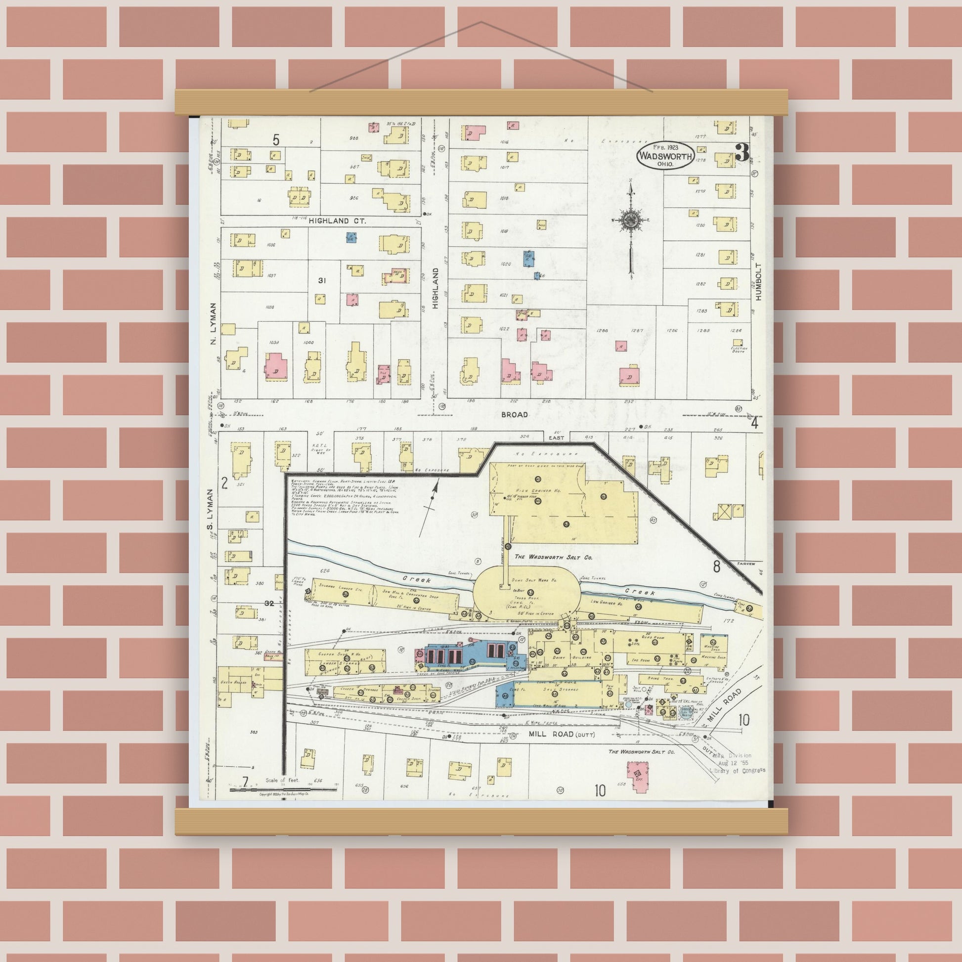 Old map wall art mockup — magnetic wood frame on brick wall — Sanborn Fire Insurance Map from Wadsworth, Medina County, Ohio (1923), Sheet #0003