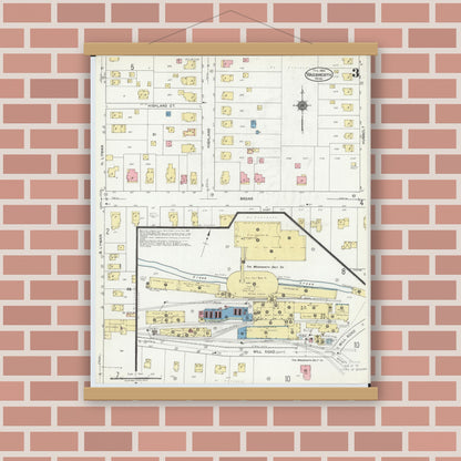 Old map wall art mockup — magnetic wood frame on brick wall — Sanborn Fire Insurance Map from Wadsworth, Medina County, Ohio (1923), Sheet #0003