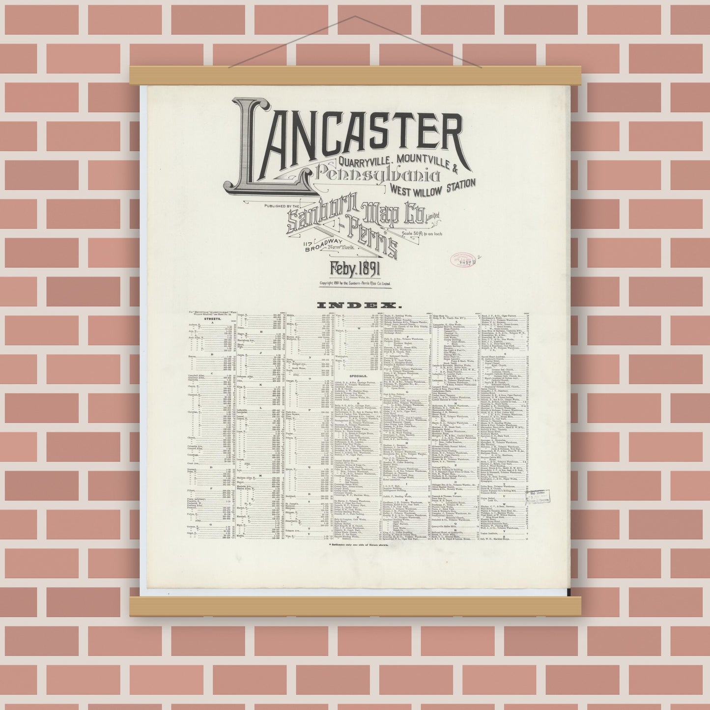 Old map wall art mockup — magnetic wood frame on brick wall — Sanborn Fire Insurance Map from Lancaster, Lancaster County, Pennsylvania (1891), Sheet #0001