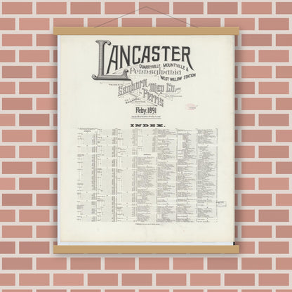 Old map wall art mockup — magnetic wood frame on brick wall — Sanborn Fire Insurance Map from Lancaster, Lancaster County, Pennsylvania (1891), Sheet #0001