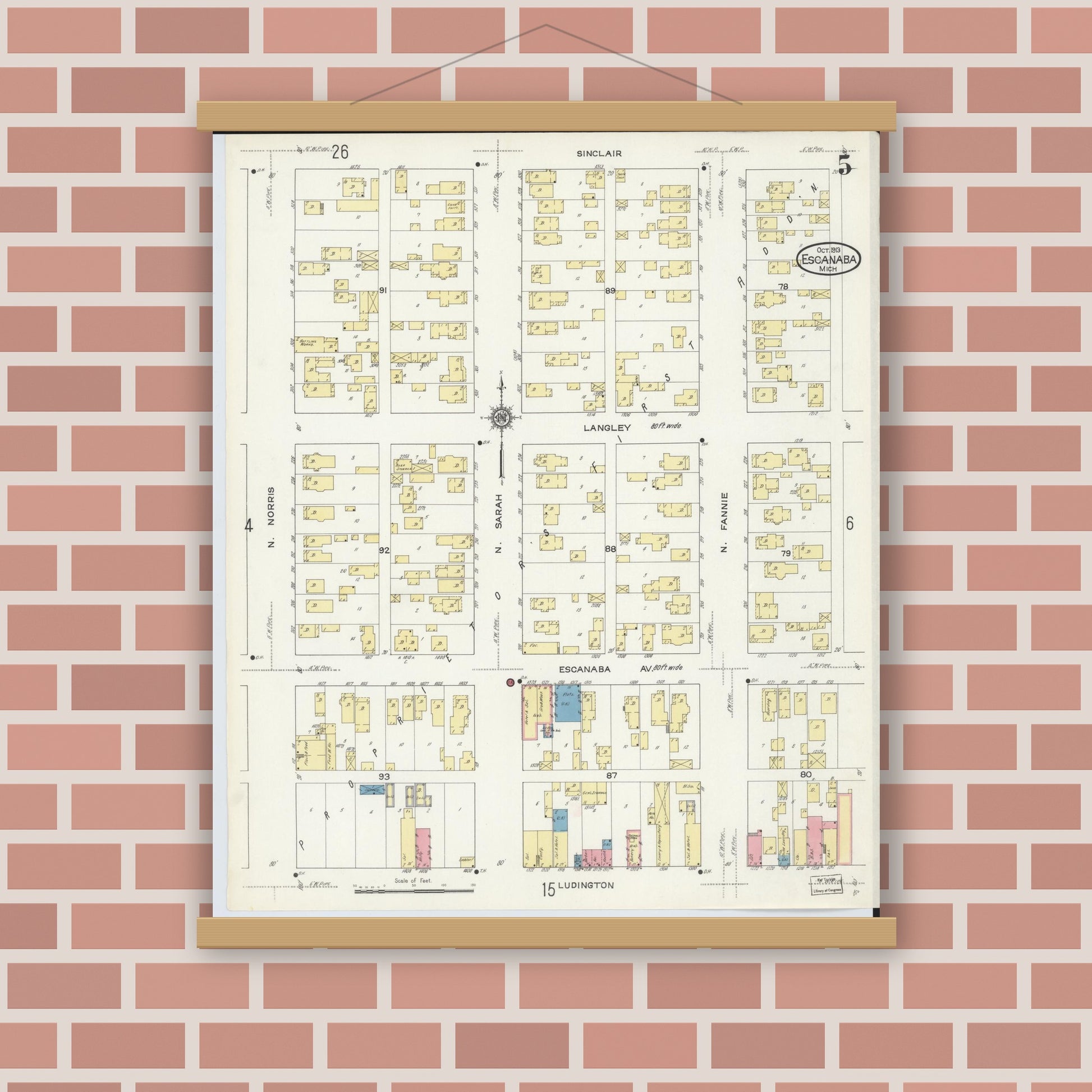 Old map wall art mockup — magnetic wood frame on brick wall — Sanborn Fire Insurance Map from Escanaba, Delta County, Michigan (1913), Sheet #0005