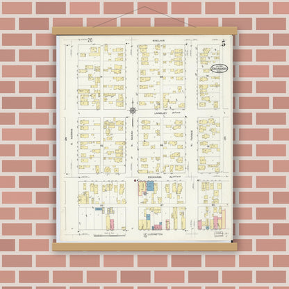 Old map wall art mockup — magnetic wood frame on brick wall — Sanborn Fire Insurance Map from Escanaba, Delta County, Michigan (1913), Sheet #0005