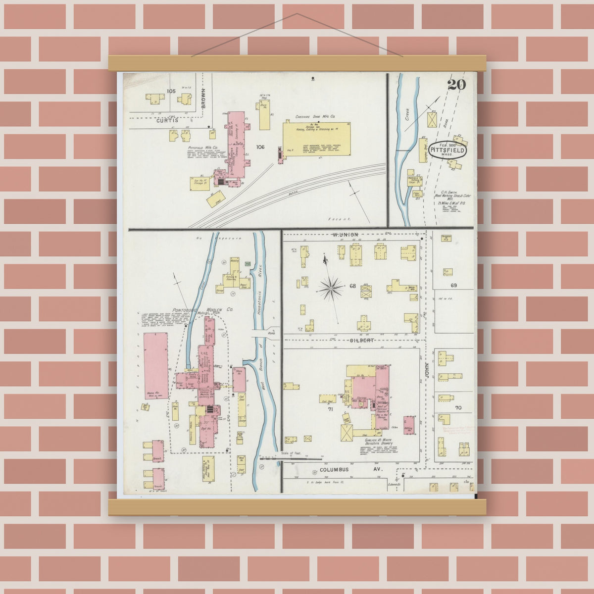 Old map wall art mockup — magnetic wood frame on brick wall — Sanborn Fire Insurance Map from Pittsfield, Berkshire County, Massachusetts (1895), Sheet #0020