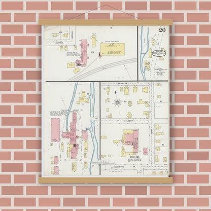 Old map wall art mockup — magnetic wood frame on brick wall — Sanborn Fire Insurance Map from Pittsfield, Berkshire County, Massachusetts (1895), Sheet #0020
