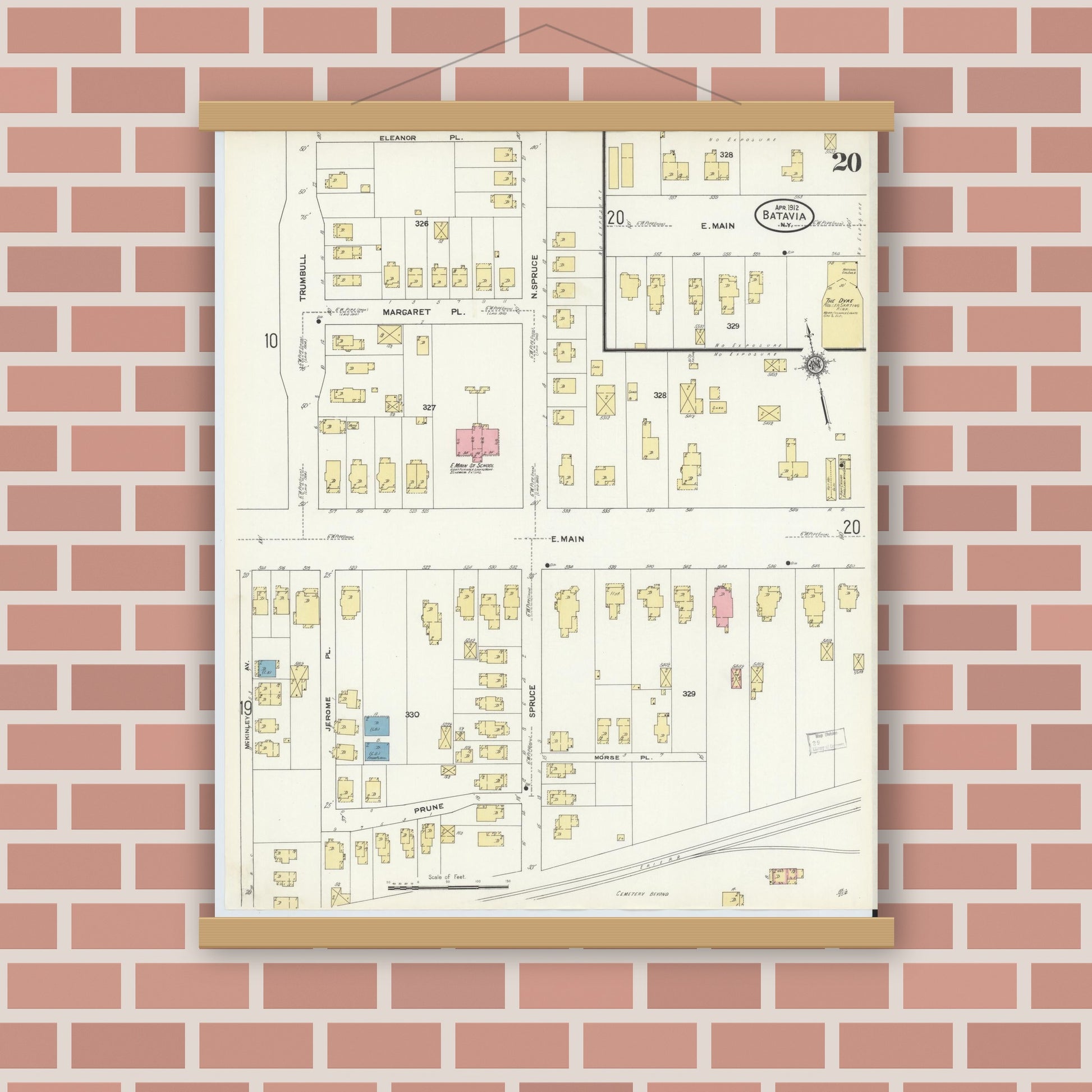 Old map wall art mockup — magnetic wood frame on brick wall — Sanborn Fire Insurance Map from Batavia, Genesee County, New York (1912), Sheet #0020