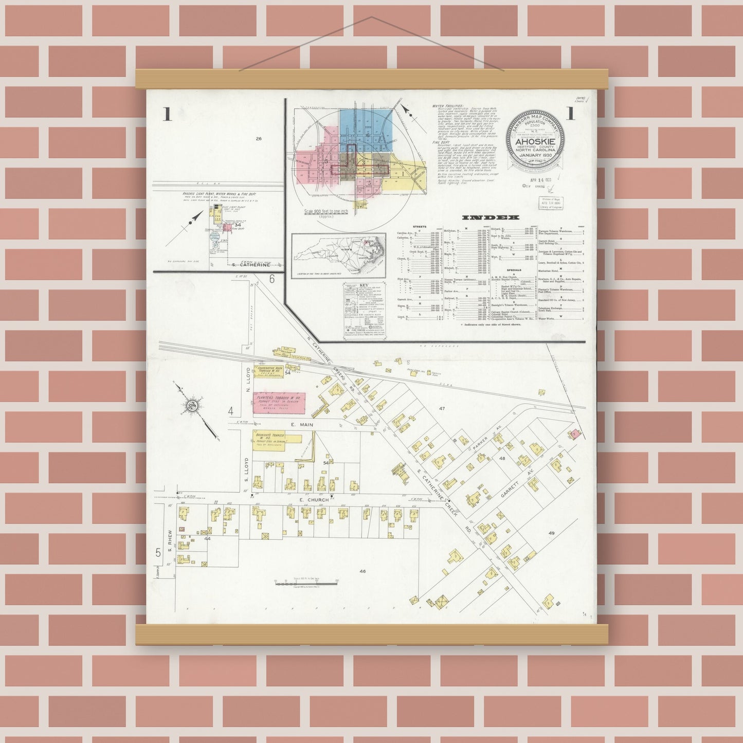 Old map wall art mockup — magnetic wood frame on brick wall — Sanborn Fire Insurance Map from Ahoskie, Hertford County, North Carolina (1930), Sheet #0001