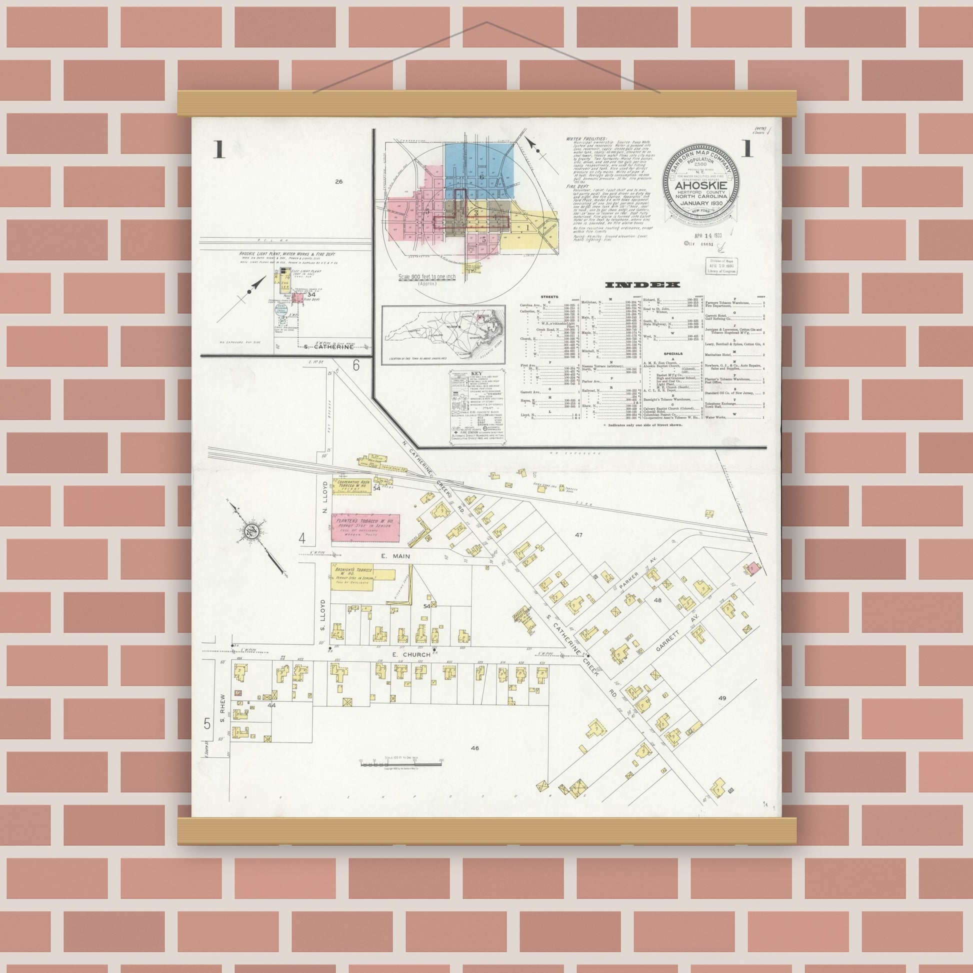 Old map wall art mockup — magnetic wood frame on brick wall — Sanborn Fire Insurance Map from Ahoskie, Hertford County, North Carolina (1930), Sheet #0001