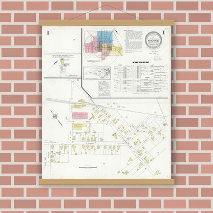 Old map wall art mockup — magnetic wood frame on brick wall — Sanborn Fire Insurance Map from Ahoskie, Hertford County, North Carolina (1930), Sheet #0001