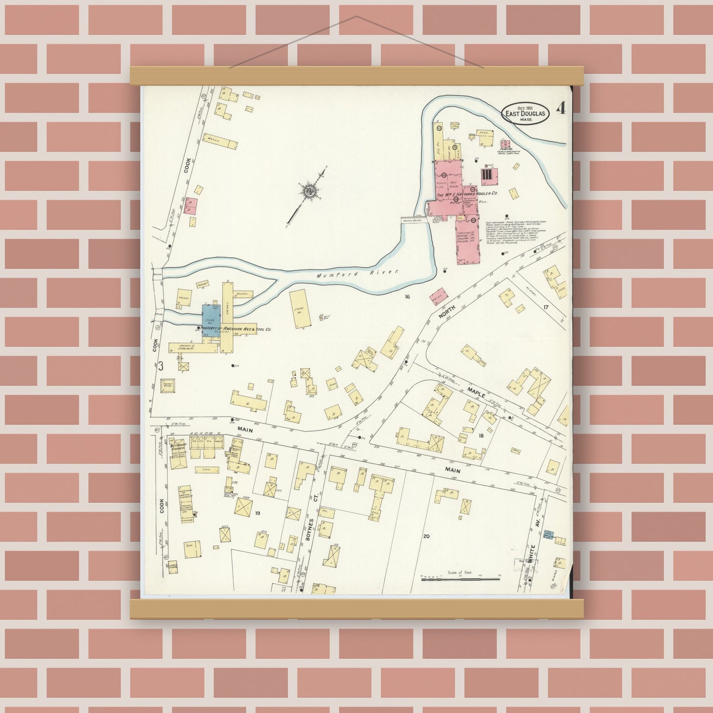 Old map wall art mockup — magnetic wood frame on brick wall — Sanborn Fire Insurance Map from East Douglas, Worcester County, Massachusetts (1911), Sheet #0004